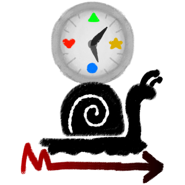 At the top is a grey clock simplified with shapes instead of numbers, at the bottom is a red and black zig zag arrow pointing right, in-between the clock and arrow is a black outline of a snail walking. There is an additional white outline around everything.